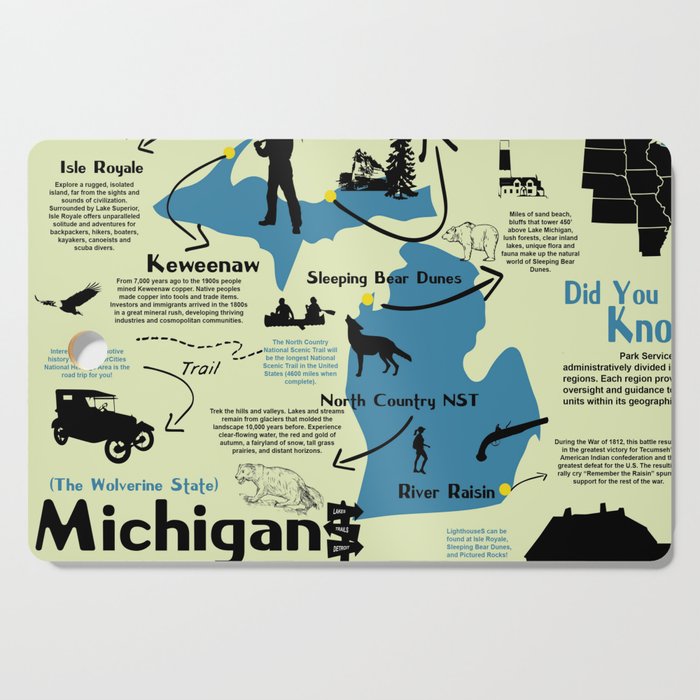 Michigan National Parks Infographic Map Cutting Board By BravuraMedia Michigan National Parks Infographic Map Cutting Board
