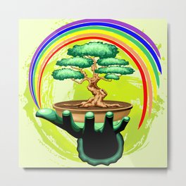 Bonsai Tree and Rainbow on Green Hand - Protecting Nature Metal Print