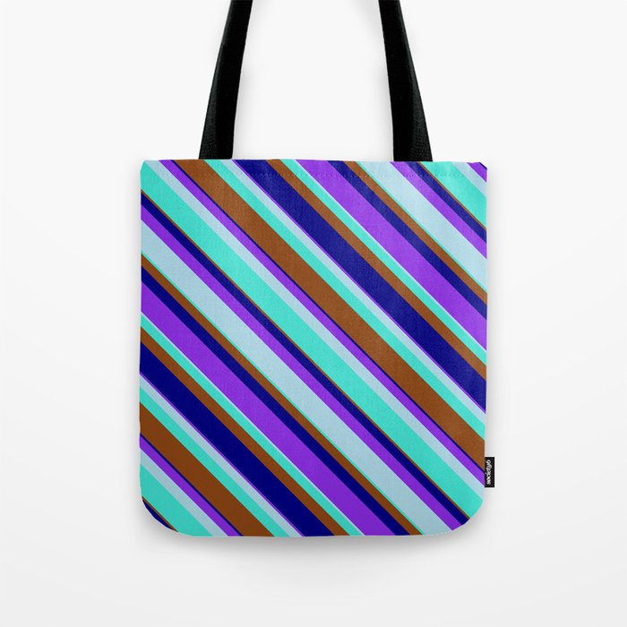 Eyecatching Purple, Light Blue, Turquoise, Brown & Blue Colored Striped Pattern Tote Bag