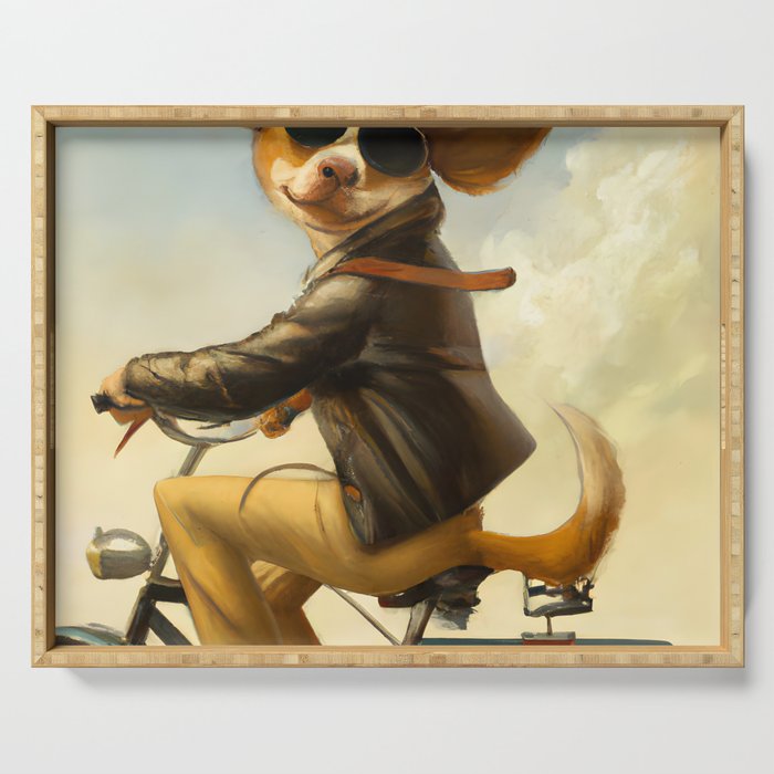 Anthropomorphic dog riding a bicycle Serving Tray