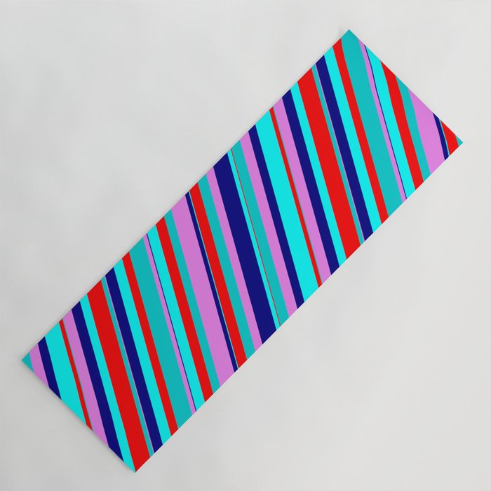 Colorful Aqua, Red, Dark Turquoise, Violet, and Blue Colored Lined Pattern Yoga Mat