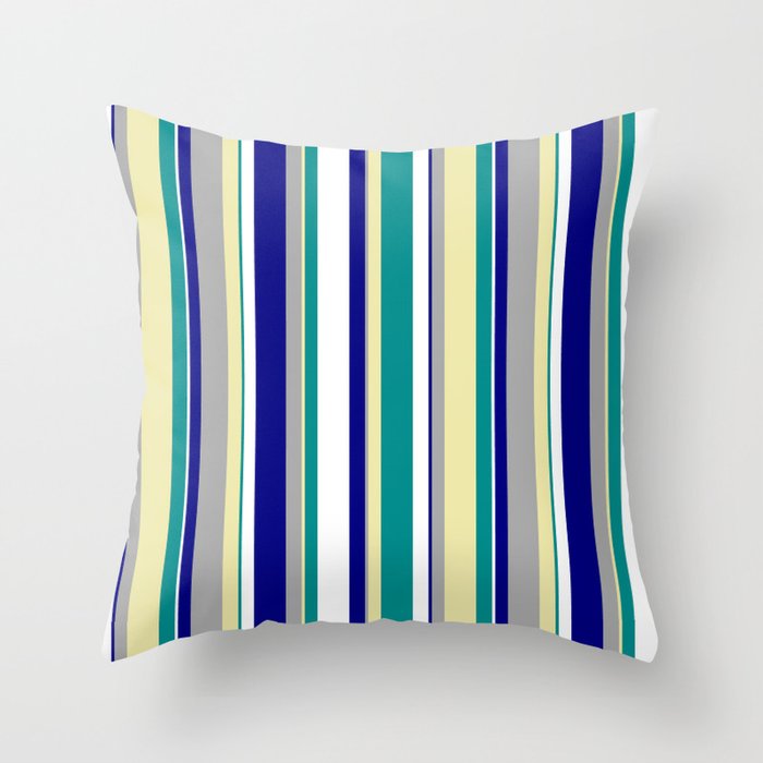 Eye-catching Dark Cyan, Pale Goldenrod, Dark Grey, Blue, and White Colored Lines Pattern Throw Pillow