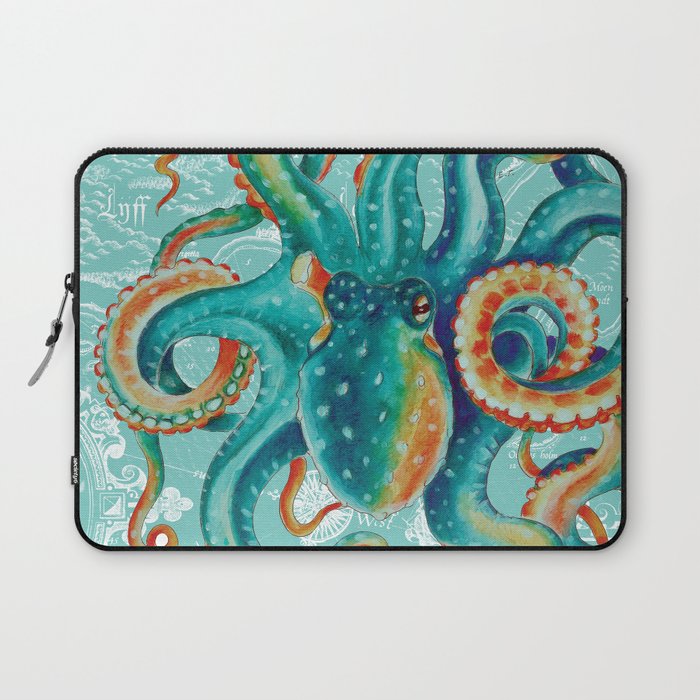 Teal Octopus On Light Teal Vintage Map Laptop Sleeve