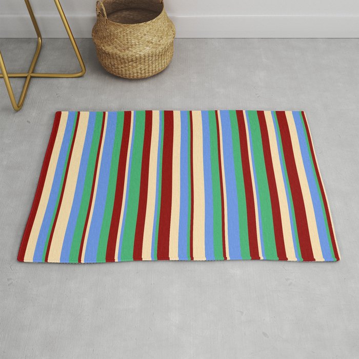 Beige, Cornflower Blue, Sea Green, and Dark Red Colored Lines/Stripes Pattern Rug