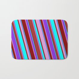 [ Thumbnail: Purple, Plum, Brown, Dark Red & Cyan Colored Lines/Stripes Pattern Bath Mat ]