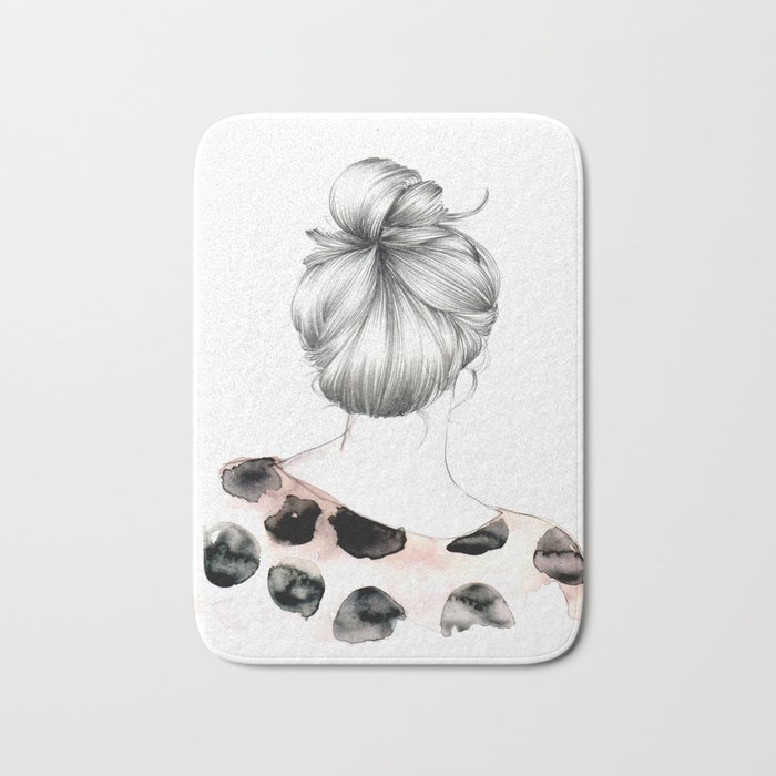 illustration girl bun drawing in pencil and watercolors bath mat