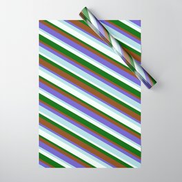 [ Thumbnail: Brown, Slate Blue, Powder Blue, Mint Cream, and Dark Green Colored Striped/Lined Pattern Wrapping Paper ]