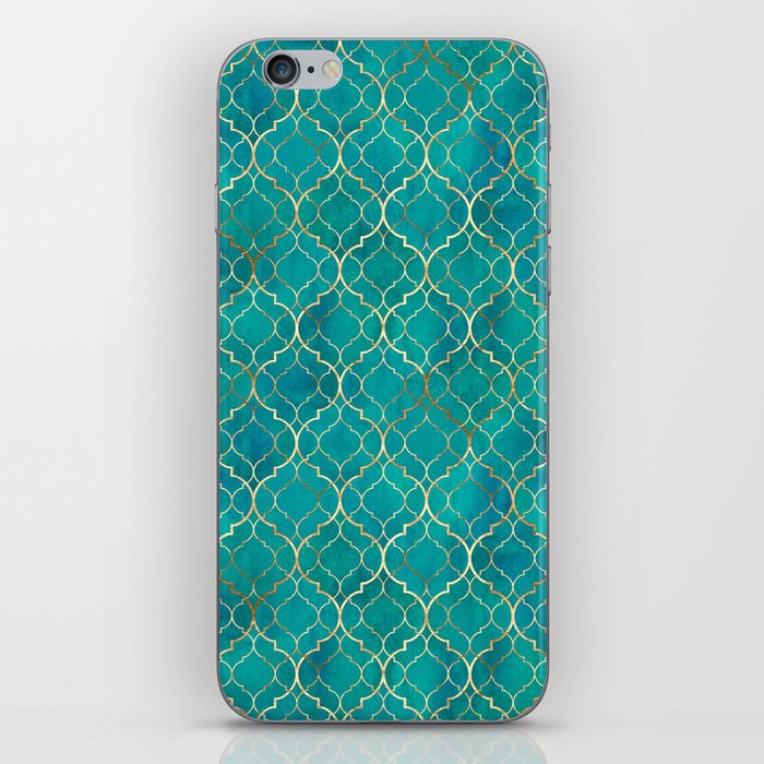 Teal Emerald Golden Moroccan Quatrefoil Pattern II iPhone Skin