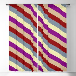 [ Thumbnail: Vibrant Pale Goldenrod, Purple, Tan, Dark Red & Light Slate Gray Colored Striped Pattern Blackout Curtain ]