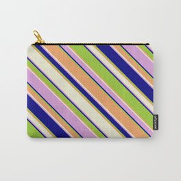 [ Thumbnail: Eyecatching Green, Brown, Beige, Plum & Blue Colored Stripes Pattern Carry-All Pouch ]