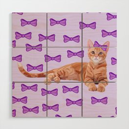 Ginger Cat with Purple Bow Pattern Wood Wall Art