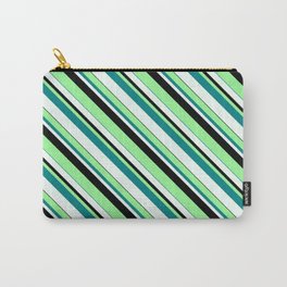 [ Thumbnail: Green, Teal, Mint Cream & Black Colored Lined Pattern Carry-All Pouch ]