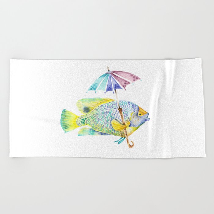 Fishy Fish - Original Watercolor of Yellow Mask Angel Fish with Umbrella Beach Towel
