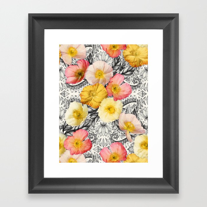 Collage of Poppies and Pattern Framed Art Print