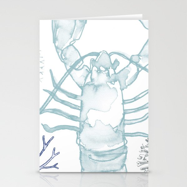 Lobster and Coral, Watercolor in Pale Blues Stationery Cards