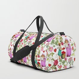 Cupid Dealing Red Hearts in The Rose Garden - Colorful Illustration for Valentine's Day   Duffle Bag