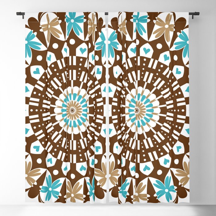 Mid Century Modern Mandala // Chocolate Brown, Blue, Coffee Brown, White Blackout Curtain