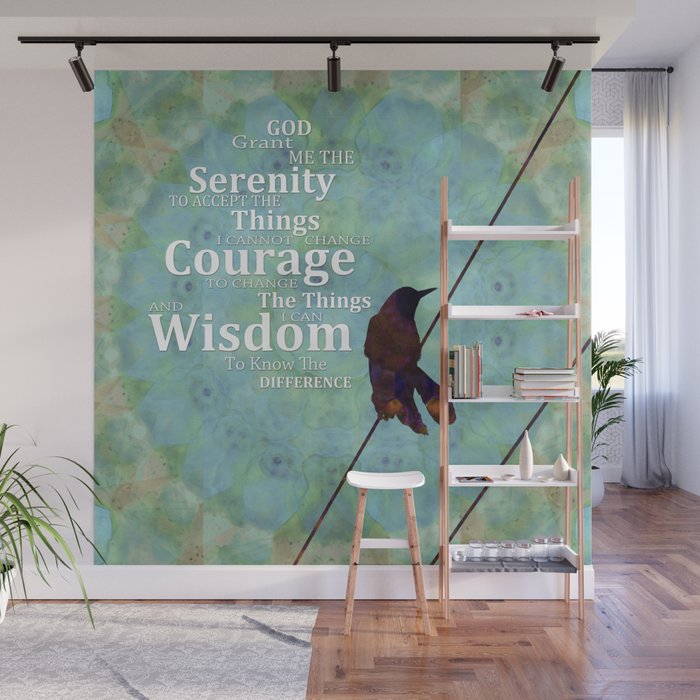 Serenity Prayer Art With Black Bird and Blue Mandala Wall Mural