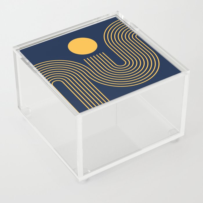 Geometric Lines in Sun Rainbow 7 (Mustard and Navy Blue) Acrylic Box