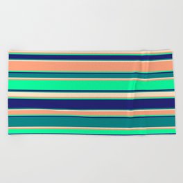 [ Thumbnail: Vibrant Light Salmon, Green, Midnight Blue, Teal, and Bisque Colored Pattern of Stripes Beach Towel ]