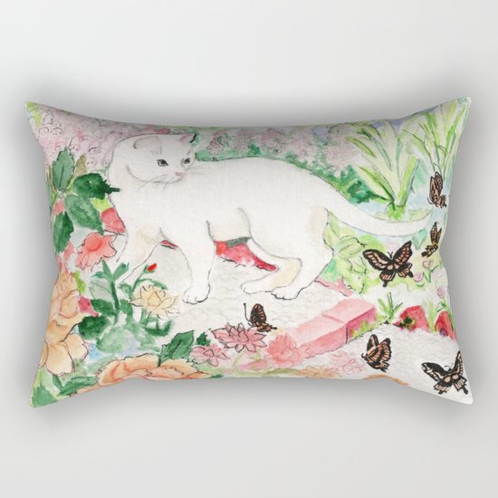 White Cat in a Garden Rectangular Pillow