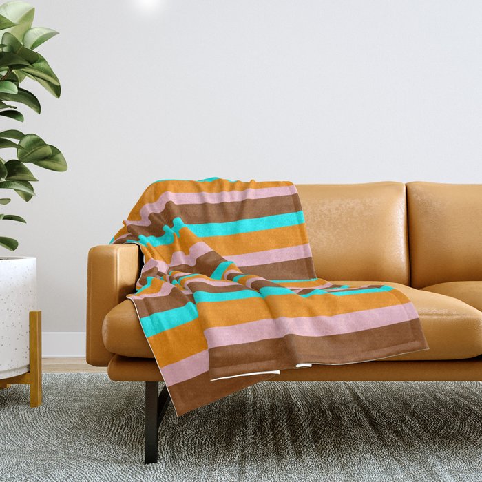 Dark Orange, Pink, Brown & Aqua Colored Lined Pattern Throw Blanket