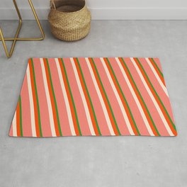 [ Thumbnail: Forest Green, Red, Beige, and Salmon Colored Lined/Striped Pattern Rug ]