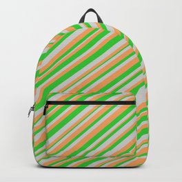[ Thumbnail: Light Grey, Brown, and Lime Green Colored Stripes Pattern Backpack ]