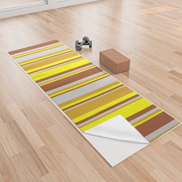 [ Thumbnail: Goldenrod, Light Gray, Sienna, and Yellow Colored Stripes Pattern Yoga Towel ]