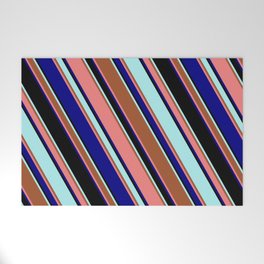 [ Thumbnail: Eyecatching Turquoise, Sienna, Light Coral, Blue, and Black Colored Lined Pattern Welcome Mat ]