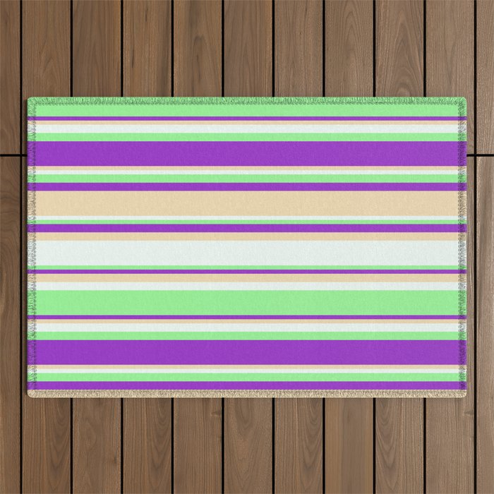 Dark Orchid, Tan, Mint Cream, and Green Colored Stripes Pattern Outdoor Rug