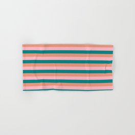 [ Thumbnail: Light Pink, Teal & Dark Salmon Colored Lines/Stripes Pattern Hand & Bath Towel ]