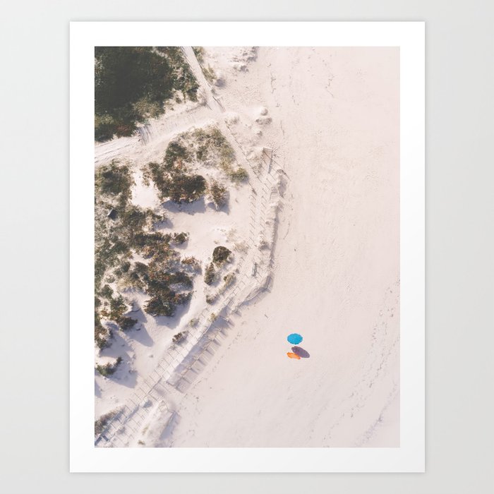 Aerial Beach and Aqua Polka Dot Umbrella photography by Ingrid Beddoes Art Print