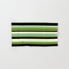 [ Thumbnail: Dark Sea Green, Green, Black & Light Yellow Colored Striped/Lined Pattern Hand & Bath Towel ]