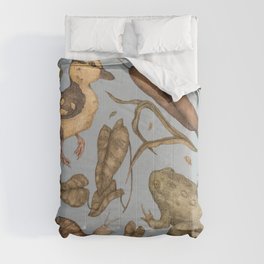 April Showers Comforter | Realistic, Frog, Digital, Curated, Illustration, Cattail, Drawing, Graphite, Plant, Duckling 