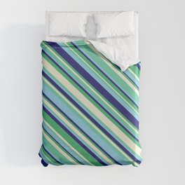 [ Thumbnail: Eyecatching Aquamarine, Sky Blue, Midnight Blue, Sea Green & Beige Colored Striped/Lined Pattern Duvet Cover ]