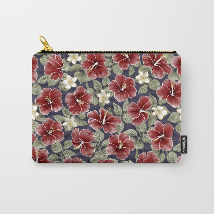 Maroon Hibiscus and Plumeria Carry-All Pouch