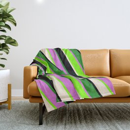 [ Thumbnail: Colorful Green, Beige, Black, Forest Green, and Orchid Colored Stripes/Lines Pattern Throw Blanket ]