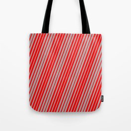 [ Thumbnail: Dark Grey & Red Colored Lines/Stripes Pattern Tote Bag ]