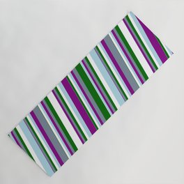 [ Thumbnail: Light Blue, Purple, Light Slate Gray, Dark Green & White Colored Striped Pattern Yoga Mat ]