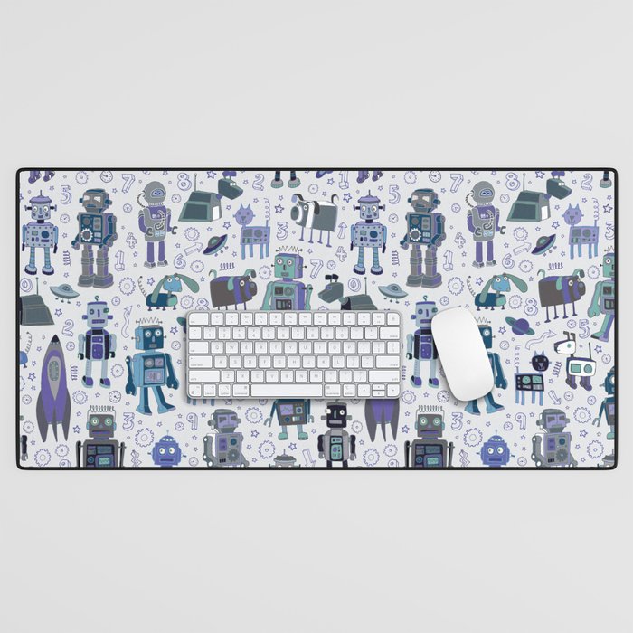 Robots in Space - Blue on Grey - pattern by Cecca Designs Desk Mat