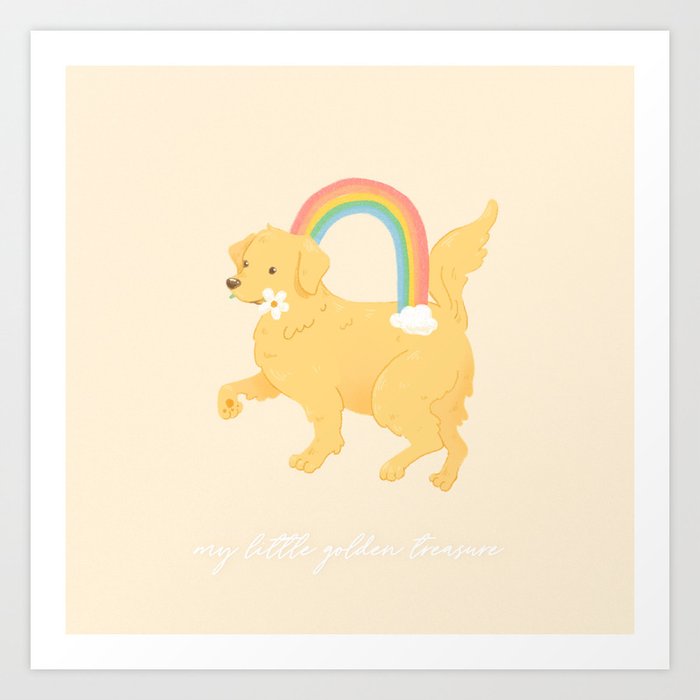 Golden Retriever Art Print | Drawing, Digital, Colored-pencil, Dog, Puppy, Rainbow, Pot-of-gold, Golden-retriever, Pets, Sweet