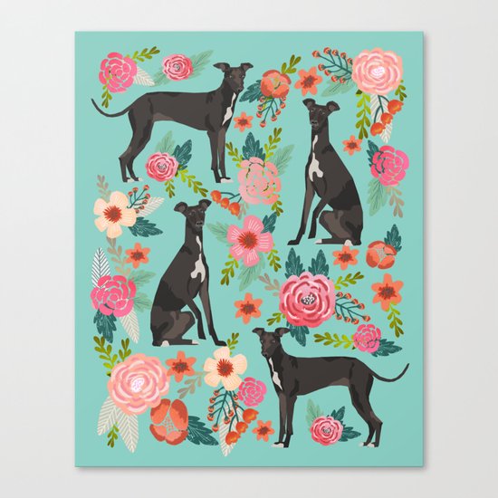 Italian Greyhound pet portraits by pet friendly dog with florals pattern Canvas Print