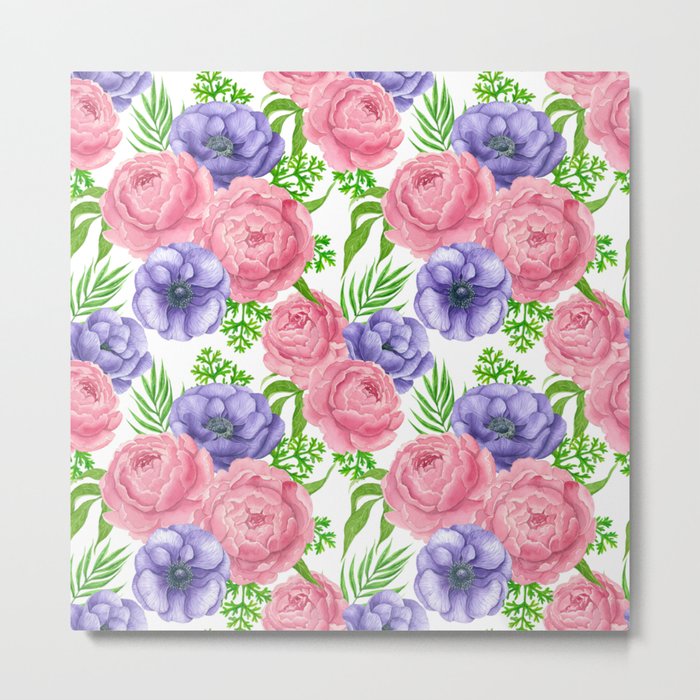Watercolor pattern with peony and anemone flowers Metal Print