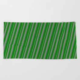 [ Thumbnail: Grey & Green Colored Stripes/Lines Pattern Beach Towel ]