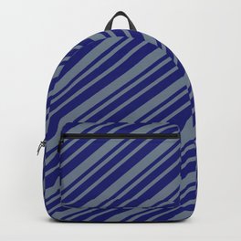 [ Thumbnail: Midnight Blue & Slate Gray Colored Striped Pattern Backpack ]