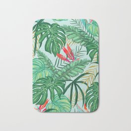 The Tropics | Jungle Botanical Bird of Paradise Illustration | Forest Palm Monstera Banana Leaves Bath Mat
