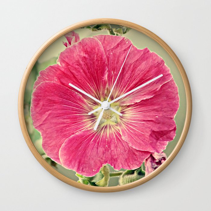 Deep Pink Hollyhock Flower Wall Clock