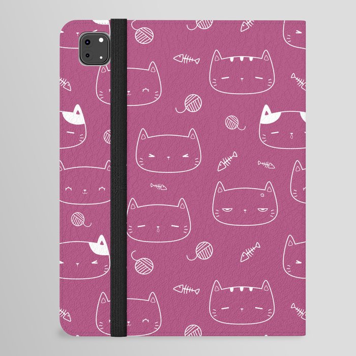 Magenta and White Doodle Kitten Faces Pattern iPad Folio Case