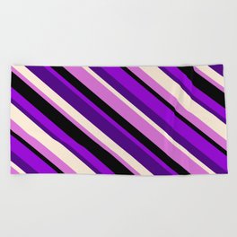 [ Thumbnail: Dark Violet, Indigo, Beige, Orchid, and Black Colored Pattern of Stripes Beach Towel ]